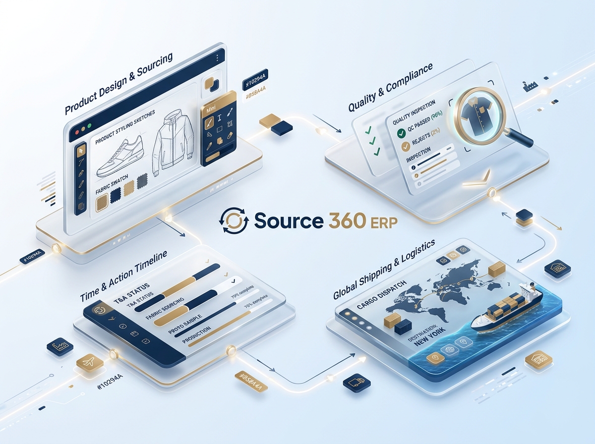 Source 360 ERP Connected Workflow - Product Design, Time & Action, Quality Inspection, Global Logistics